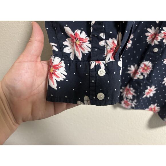 Tommy Hilfiger Womens 1X Button Down Blouse Navy Blue Floral Roll Tab Cotton - Picture 6 of 14